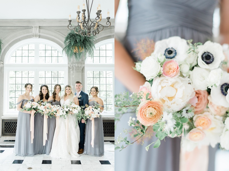 Charcoal bridesmaids dresses with peach flowers and anemones