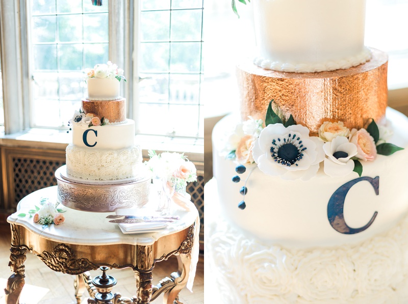 Rose Gold and Navy cake with monogram
