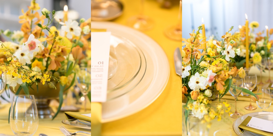 yellow table decor with glass plates