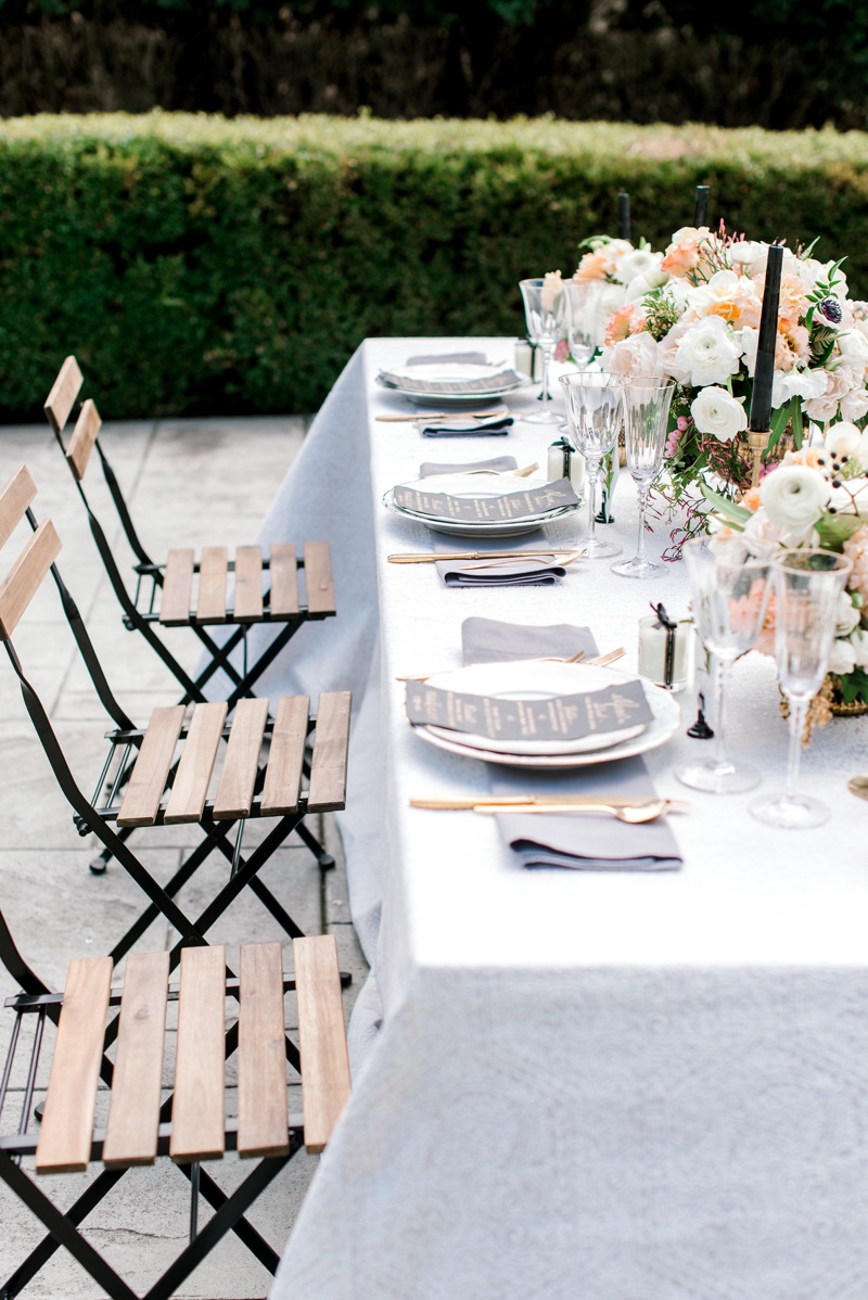 outdoor garden party wedding reception with bistro chairs