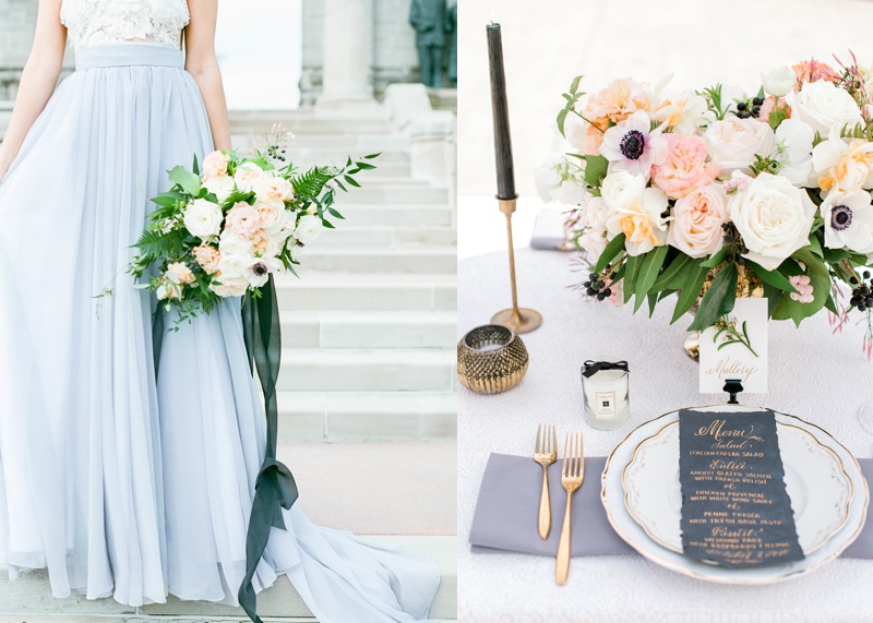 light blue, peach, and ivory wedding with black accents