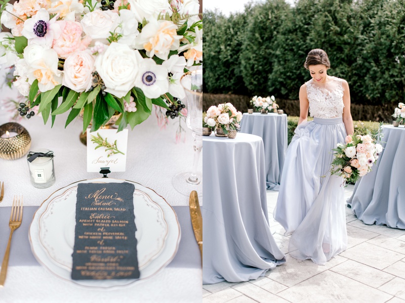 slate blue wedding with peach and light pink flowers