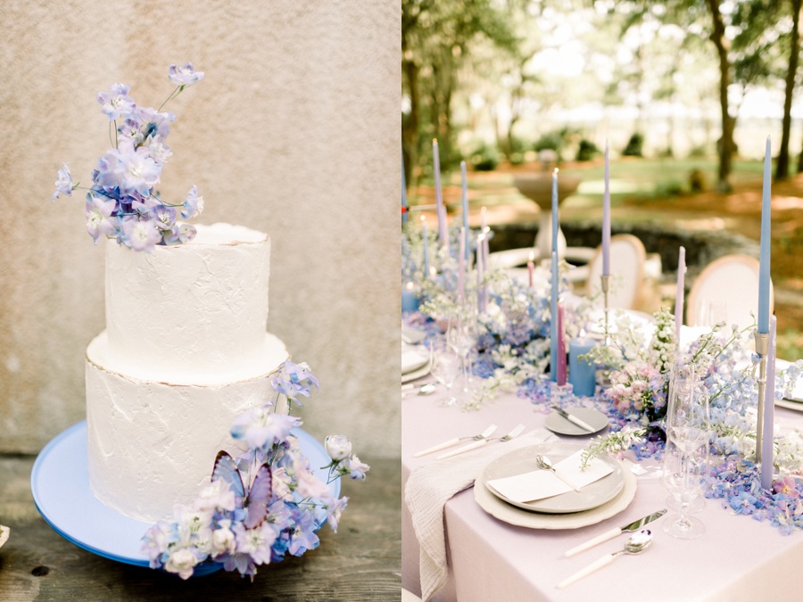 RiverOaks Charleston White cake with blue and purple flowers