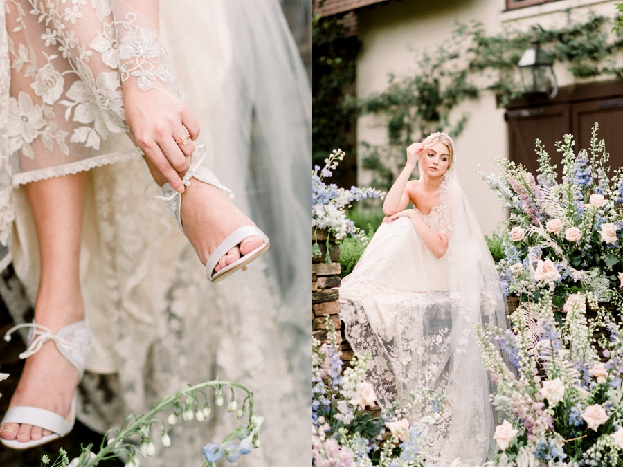 RiverOaks Charleston Bride sitting on ledge with flowers and adjusting shoes
