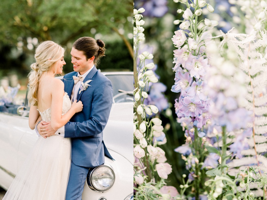 RiverOaks Charleston Bride and Groom with White Vintage Car