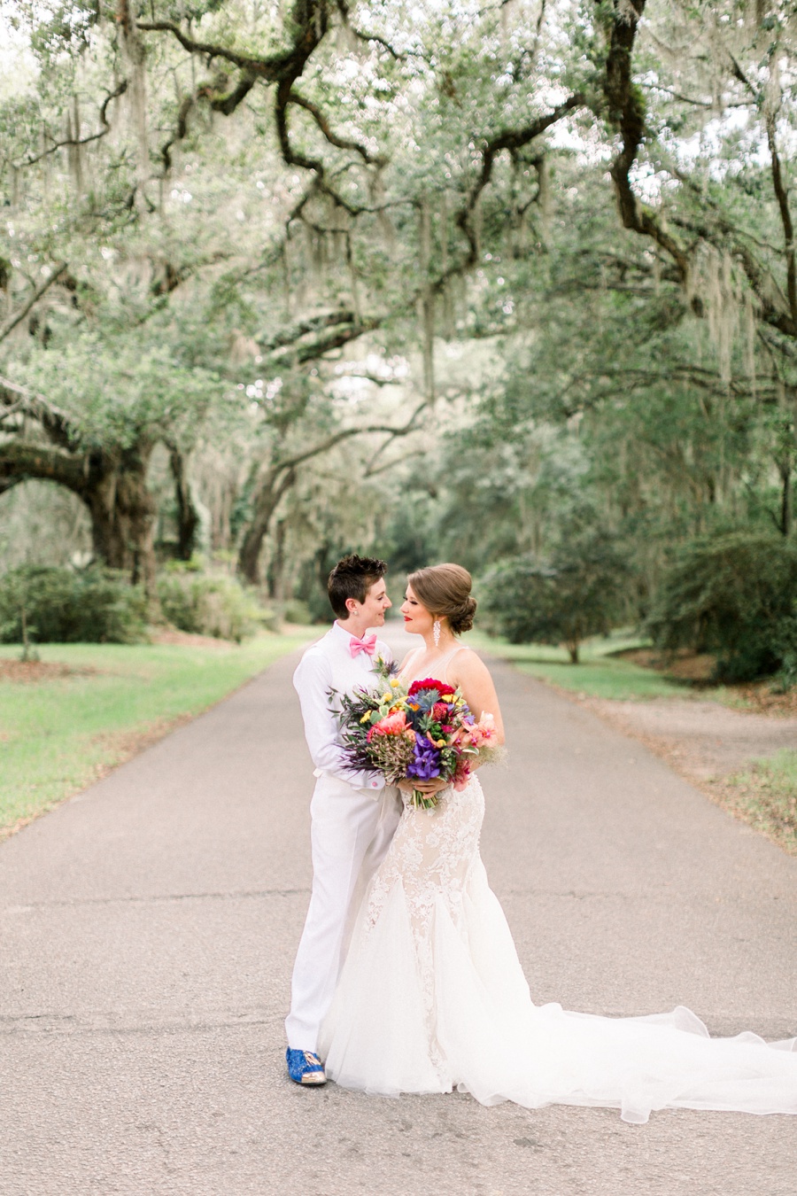 Same Sex Destination Wedding Charleston with colorful bouquet