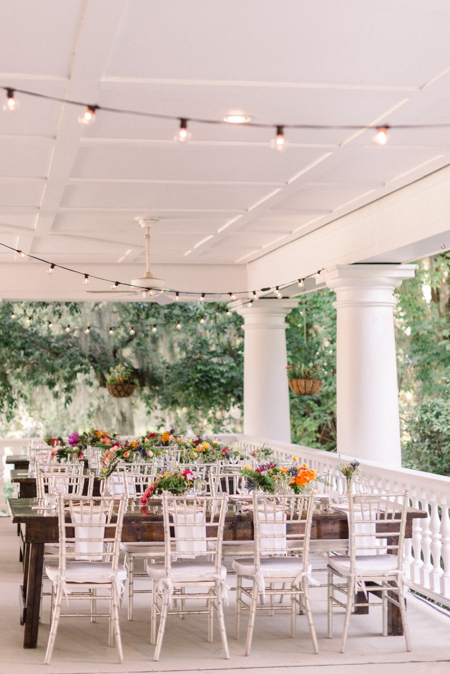 Colorful Charleston Wedding Reception with Wood tables