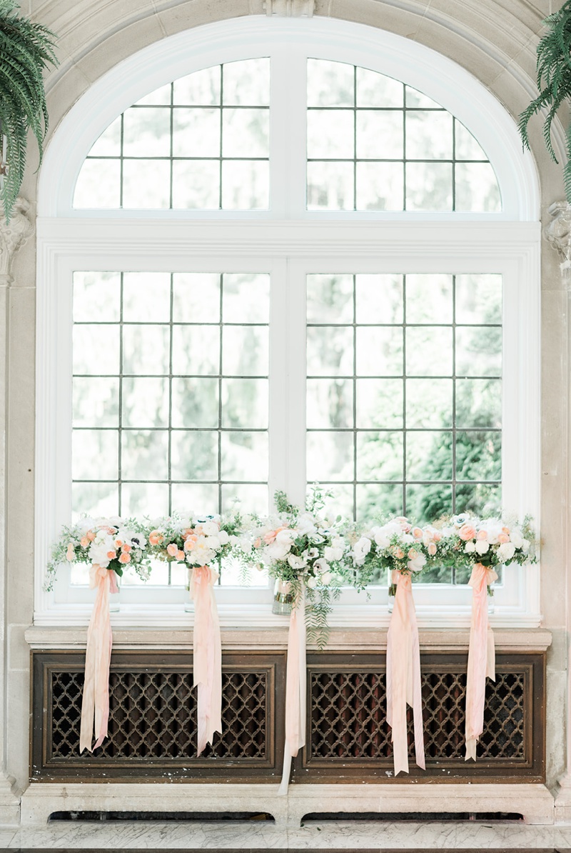 Rose gold bridesmaids bouquets with peach ribbon