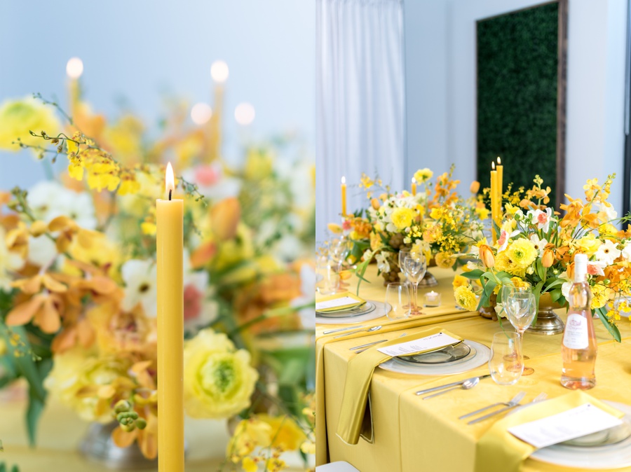 yellow table decor with yellow candles