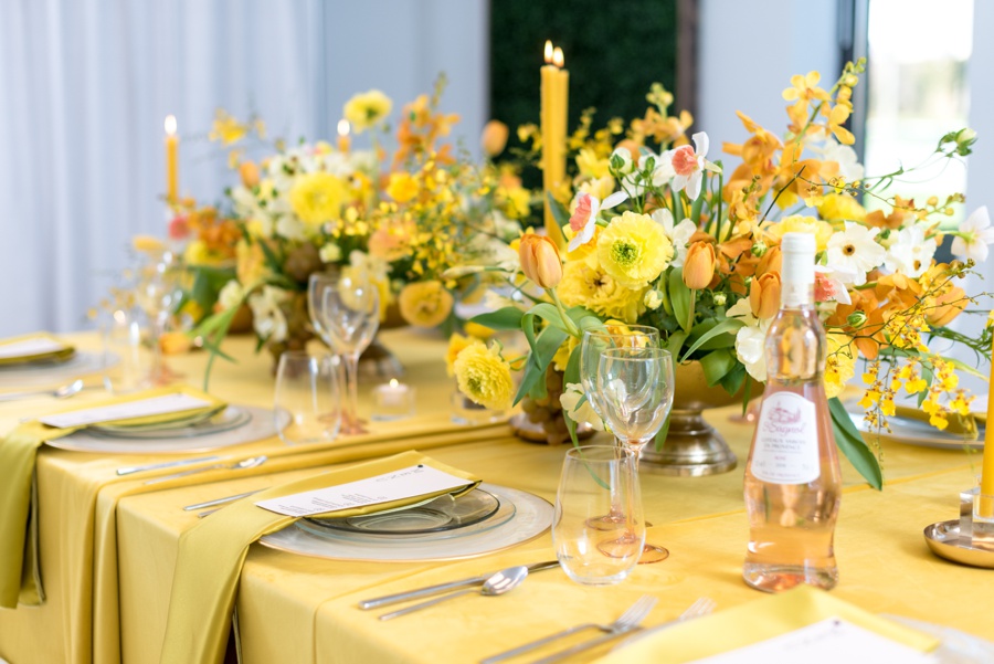 Yellow table decor with blush accents