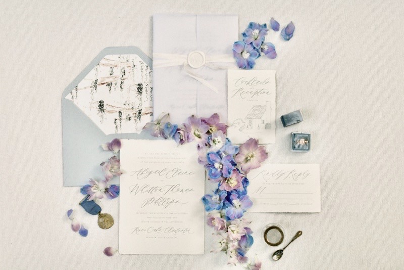 RiverOaks Charleston Blue and Lavender wedding invitation suite